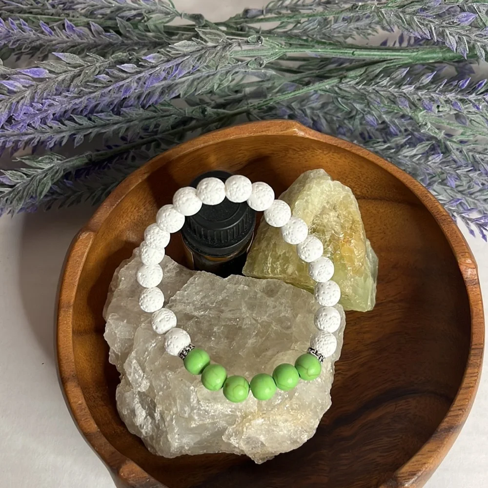 NEW Chakra Green King Stones Essential Oil Diffuser Bracelet White